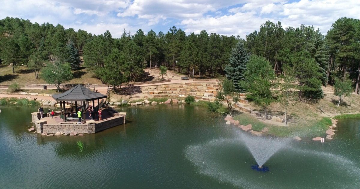 Lake and gazebo at Fox Run Regional Park near Black Forest, Colorado